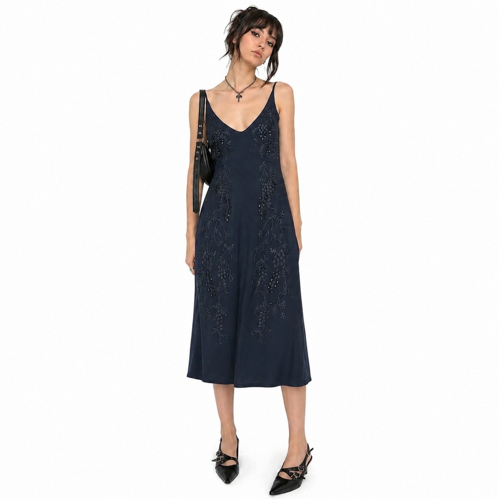 Maggy London Black Beaded Floral V-Neck Sheath Dress Y2K Vintage Whimsigoth 10